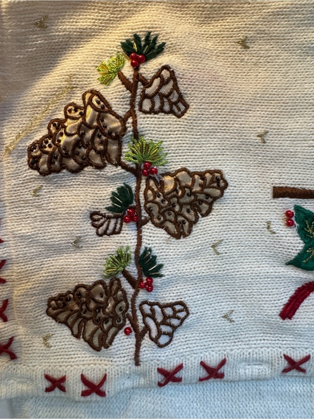 Bobbie Brooks White Embroidered Cardinal & Pinecone V-Neck Sweater Vest - Picture 8 of 13